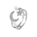 Bague réglable en argent avec lune, étoile, zircons sertis et deux perles blanches - Ouvert Réglable / Étoile Lune Perle Artificielle (J425 Argent)