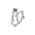 Bague ouverte argentée texturée branche avec opale irisée et zircon transparent - Ouvert Réglable / Branche Organique (J432 Argent)