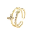 Bague double anneau dorée avec papillons sertis de zircons et design ajustable - Ouvert Réglable / Bague Double Papillon (J434 Or)