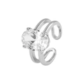 Bague réglable argentée avec double anneau et pierre centrale en zircon ovale - Ouvert Réglable / Pierre Ovale (J435 Argent)
