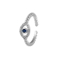 Bague ajustable œil protecteur argentée avec zircon bleu et design perlé - Ouvert Réglable / Mauvais Œil (J436 Argent)