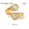 Detailed view of bypass gold ring featuring pear-cut cubic zirconia with size dimensions - Double Pear Bypass Style (FT-JZ-398-3)
