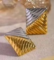 Rectangle two-tone stud earrings with gold and silver diagonal texture in stainless steel - Two-Tone Slanted Ribbed Rectangular Earrings