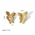 18K gold stainless steel butterfly drop earrings with detailed textures and dimensions - Gold 3D Double Butterfly Style (JJTE6092)