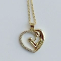 Golden heart necklace with mother and child pendant and sparkling zircon stones - Mother and Child Silhouette Heart Style (D)