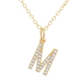 Elegant gold letter M pendant necklace with sparkling pavé crystals on a minimalist chain - M