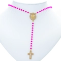 Rosary style Virgin Mary necklace with pink beads and zircon cross pendant on neck model - Gold-Red
