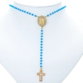 Blue beaded rosary necklace with gold Virgin Mary medal and crystal cross pendant - Gold-Blue
