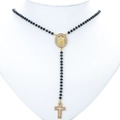Y-shaped Virgin Mary rosary necklace with black beads and crystal cross pendant - Gold-Black