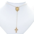 Virgin Mary rosary necklace with white pearls and sparkling rhinestone cross pendant - Artificial Pearl Style / Gold-White