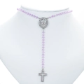 Rosary necklace with lavender crystal beads, Virgin Mary medal and hollow cross charm - Platinum-Light Purple