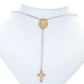 Pink crystal bead rosary necklace with gold Virgin Mary medal and zircon cross pendant - Gold-Light Purple
