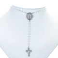 Virgin Mary rosary necklace with white beads and rhinestone cross pendant - Platinum-White