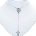 Pink beaded Virgin Mary rosary necklace with crystal cross pendant on mannequin - Platinum-Pink