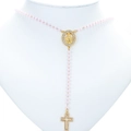 Pink faceted bead rosary necklace with golden Virgin Mary and zircon cross pendant - Gold-Tone Pink