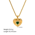 Detail view of a gold heart pendant necklace featuring a green gemstone and dimensions - Green Zirconia Heart Necklace