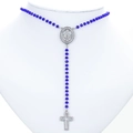 Dark blue beaded rosary necklace with Virgin Mary medal and pavé crystal cross pendant - Platinum-Violet
