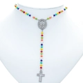 Rainbow beaded Virgin Mary Y-necklace with silver rhinestone cross pendant on neck model - Platinum-Multicolor