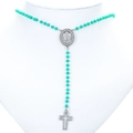 Mint green rosary necklace with crystal Virgin Mary medallion and silver cross pendant - Platinum-Green