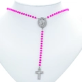 Pink beaded rosary necklace with silver crucifix and Virgin Mary centerpiece - Platinum-Red