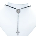 Y-shaped rosary necklace with black beads, Virgin Mary medal and crystal cross - Platinum-Black