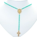 Virgin Mary rosary necklace with turquoise beads and gold rhinestone cross pendant - Gold-Green