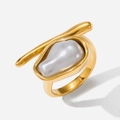 Gouden roestvrijstalen ring met grote grijze barokparel in een artistiek minimalistisch design - Grijze Grote Parel Minimalistische Bar Stijl (FT-JZ-372-2)