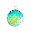 Detail of 14mm silver-edged mermaid scale pendant with iridescent blue-green gradient - Iridescent Blue Green Yellow (P1490)