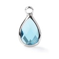 Detail of light blue faceted teardrop crystal pendant with silver metal bezel setting - Silver Border July (P2297)