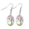 Bohemian silver drop earrings featuring oval glass charms with cherry tree and butterfly - Pink (E1368)