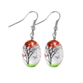 Detailed view of silver hook earrings with bohemian glass tree and butterfly art - Red (E0890)