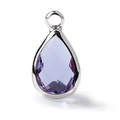 Macro view of purple pear-cut crystal pendant with polished silver-tone metal base - Silver Border May (P2295)
