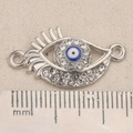 Silver evil eye connector charm with rhinestones and ruler showing 32mm size detail - Cross Evil Eye Style (P1744)