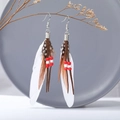 Bohemian long feather earrings with white and brown feathers and colorful beads - White