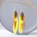 Bohemian long feather earrings featuring bright yellow and brown tones with bead accents - Yellow