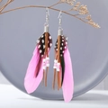 Bohemian drop earrings featuring vibrant pink feathers and spotted leopard patterns - Pink