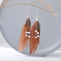 Bohemian long feather earrings with brown leather cords and spotted bead details - Brown