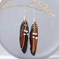 Bohemian long tassel earrings with black and brown spotted feathers and beads - Black