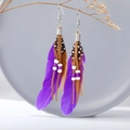 Bohemian long feather earrings featuring purple and brown spotted plumes with beads - Purple