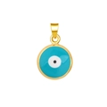 Macro detail of gold-plated evil eye pendant with blue enamel concentric circles - Medium / Sky Blue Round (A0596)