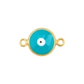 Macro shot of gold-plated evil eye charm connector with blue enamel and dual hanging rings - Double Loop Connector / Teal Connector (A0599)
