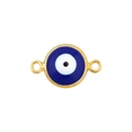 Detailed view of a gold-plated evil eye connector pendant with blue enamel for DIY jewelry - Double Loop Connector / Blue Connector (A0601)