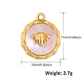 Detailed view of round gold bee pendant with pink shell inlay and dimensions 17x15mm - Bee Theme Round Pendant (A0185)