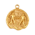 Close-up of golden stainless steel Gemini zodiac pendant with vintage embossed texture - Gemini Style (SS0048)