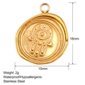 Pendentif Main de Fatma en acier inoxydable doré 18K, breloque vintage pour bijoux DIY - Pièce Ronde Main de Fatma (SS0155)