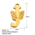 Vista macro de colgante letra J chapado en oro 18K con alas de mariposa y dimensiones - Estilo Letra J (SS0201)
