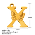 Vista de detalle del colgante letra X de acero inoxidable oro 18K con diseño mariposa - Estilo Letra X (SS0215)