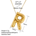 Detailansicht der 3D-Ballon-Buchstabe R Halskette mit Abmessungen und Spezifikationen - Stil R (XL0051-R)