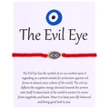Red braided evil eye bracelet with gold-plated charm on meaning card display - Red Gold Blue Eye Style (B0009)