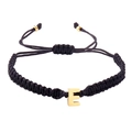 Minimalist black woven rope bracelet featuring a golden stainless steel initial E charm - Black Rope E (B2925-E)